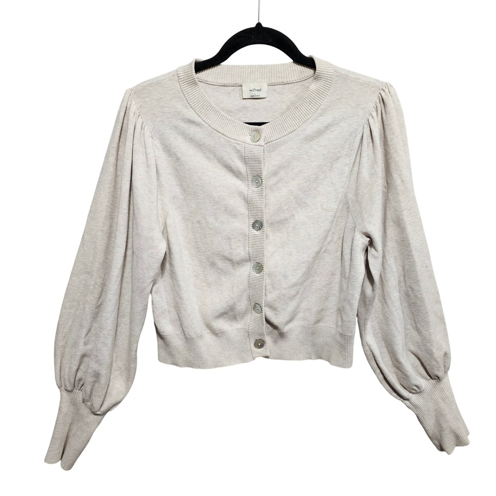 Aritzia Wilfred Alessia Puff Sleeve Cropped Cardigan Sweater Sz L Beige